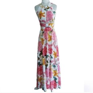 Abel The Label Anthropologie White Wild Floral Halter Maxi Dress Size LARGE